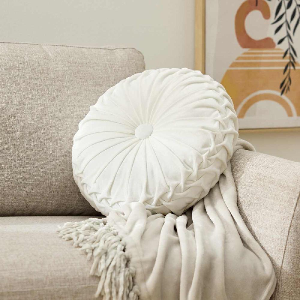 At Home Holan White Pleated Velvet Round Throw Pillow 16"