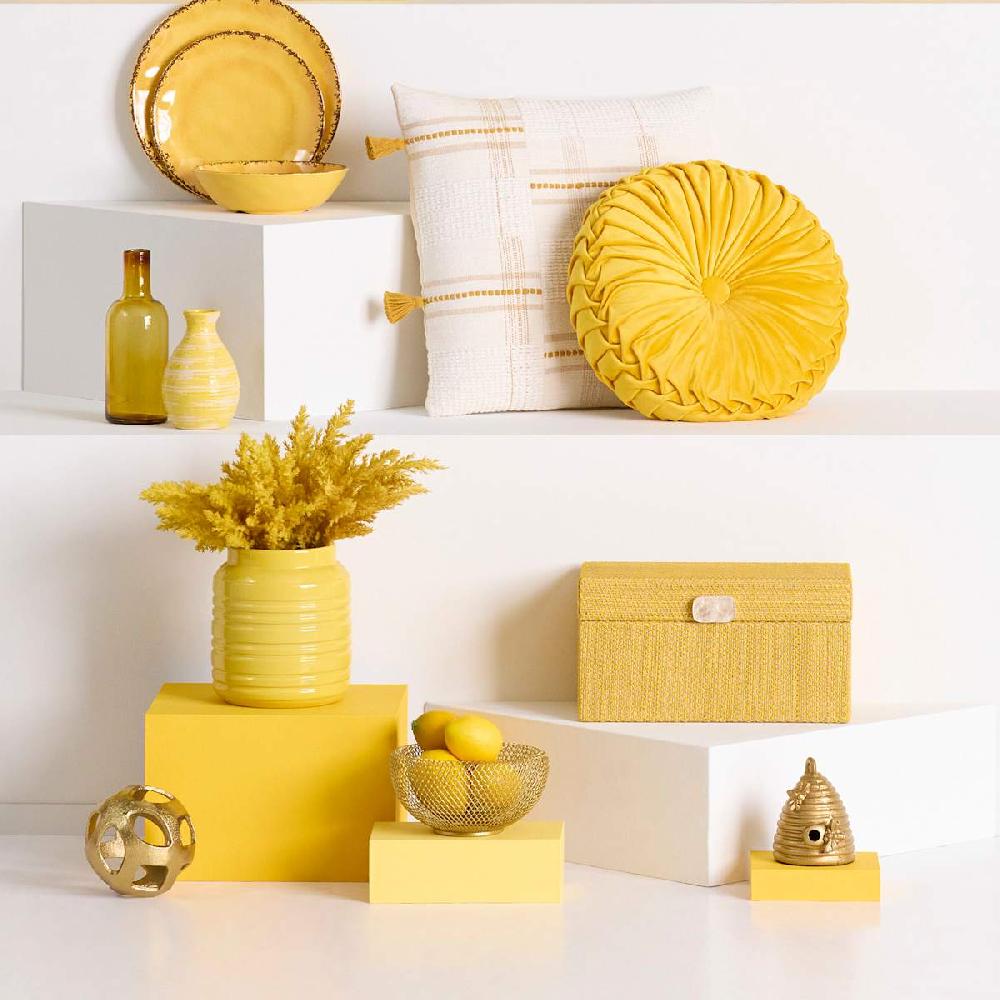 At Home Holan Yellow Pleated Velvet Round Throw Pillow 16"