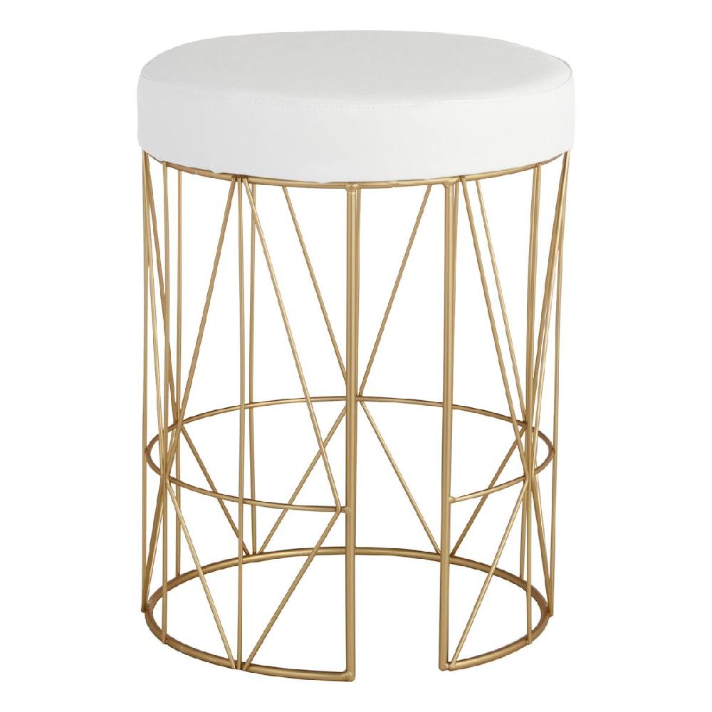 At Home Keira Glazed Gold Wire Vanity Stool & Padded White Faux Leather Seat