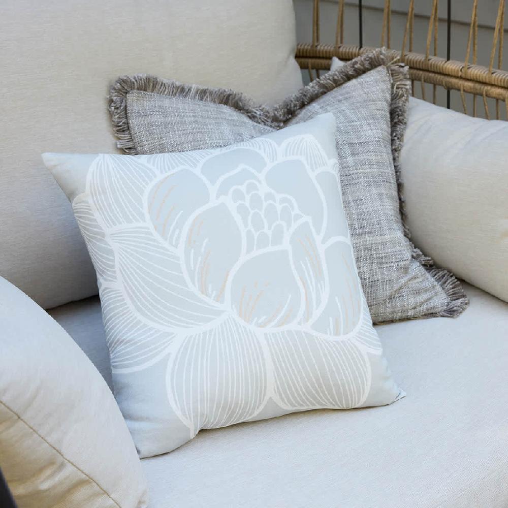 At Home Light Grey Solid Woven With Fringe Outdoor Throw Pillow 18"