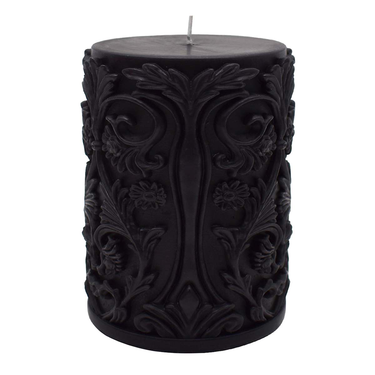 At Home Midnight Shadows Black Ornate Pillar Candle 3x4