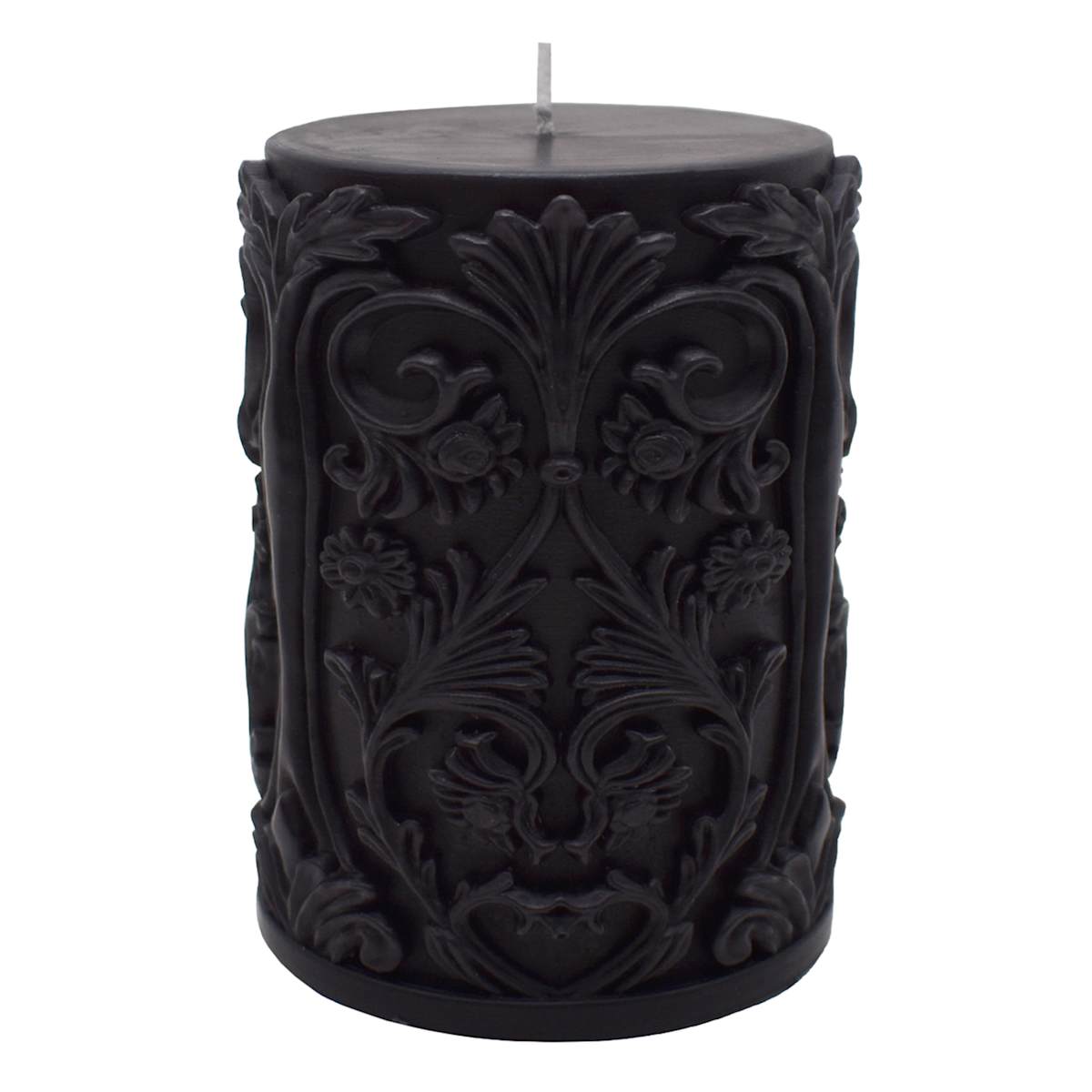 At Home Midnight Shadows Black Ornate Pillar Candle 3x4