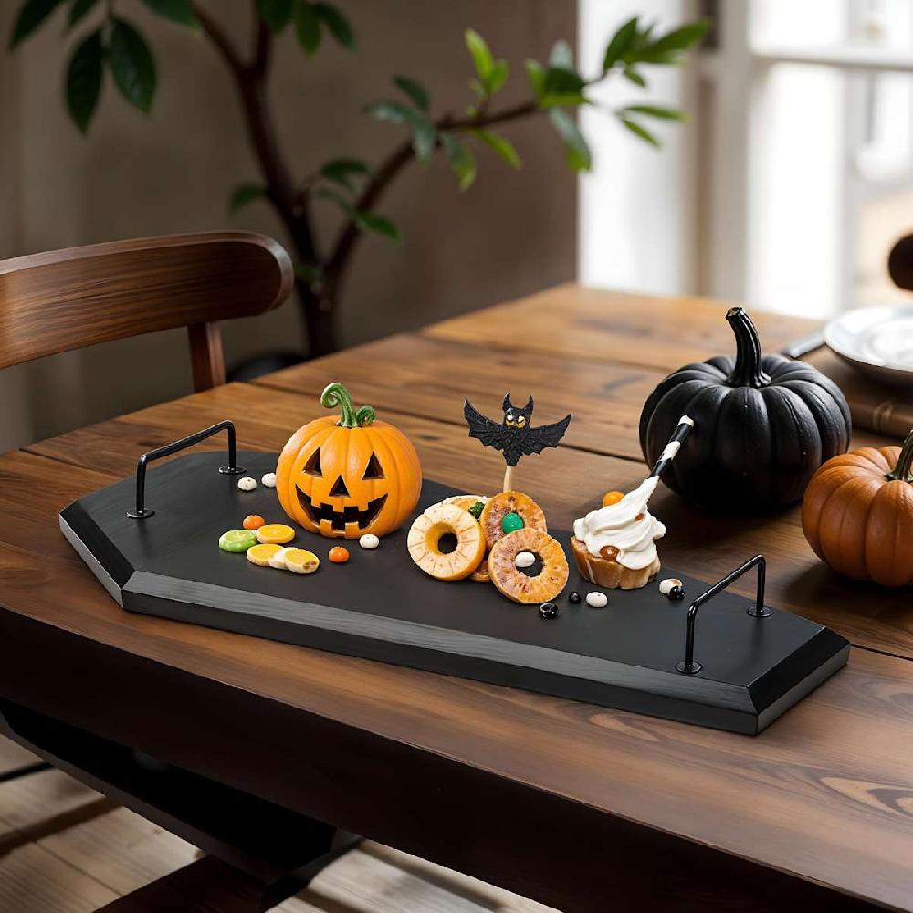 At Home Midnight Shadows Black Wooden Coffin Charcuterie Board With Handles 24x12