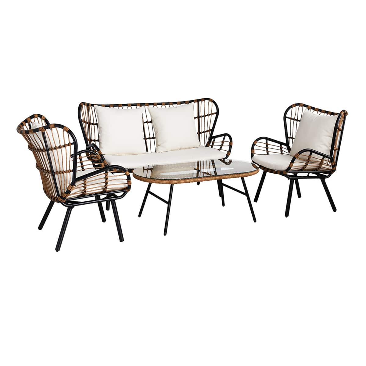 At Home Mila 4-Piece Seating Set Black & Tan With Natural Canvas Cushions