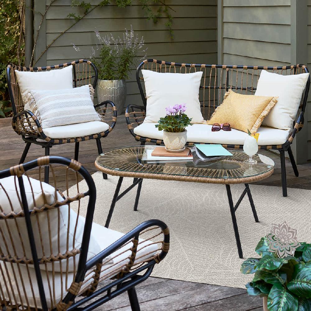 At Home Mila 4-Piece Seating Set Black & Tan With Natural Canvas Cushions