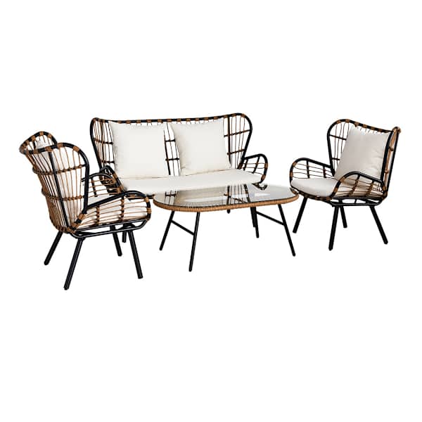 at home Mila 4-Piece Seating Set Black & Tan with Natural Canvas Cushions