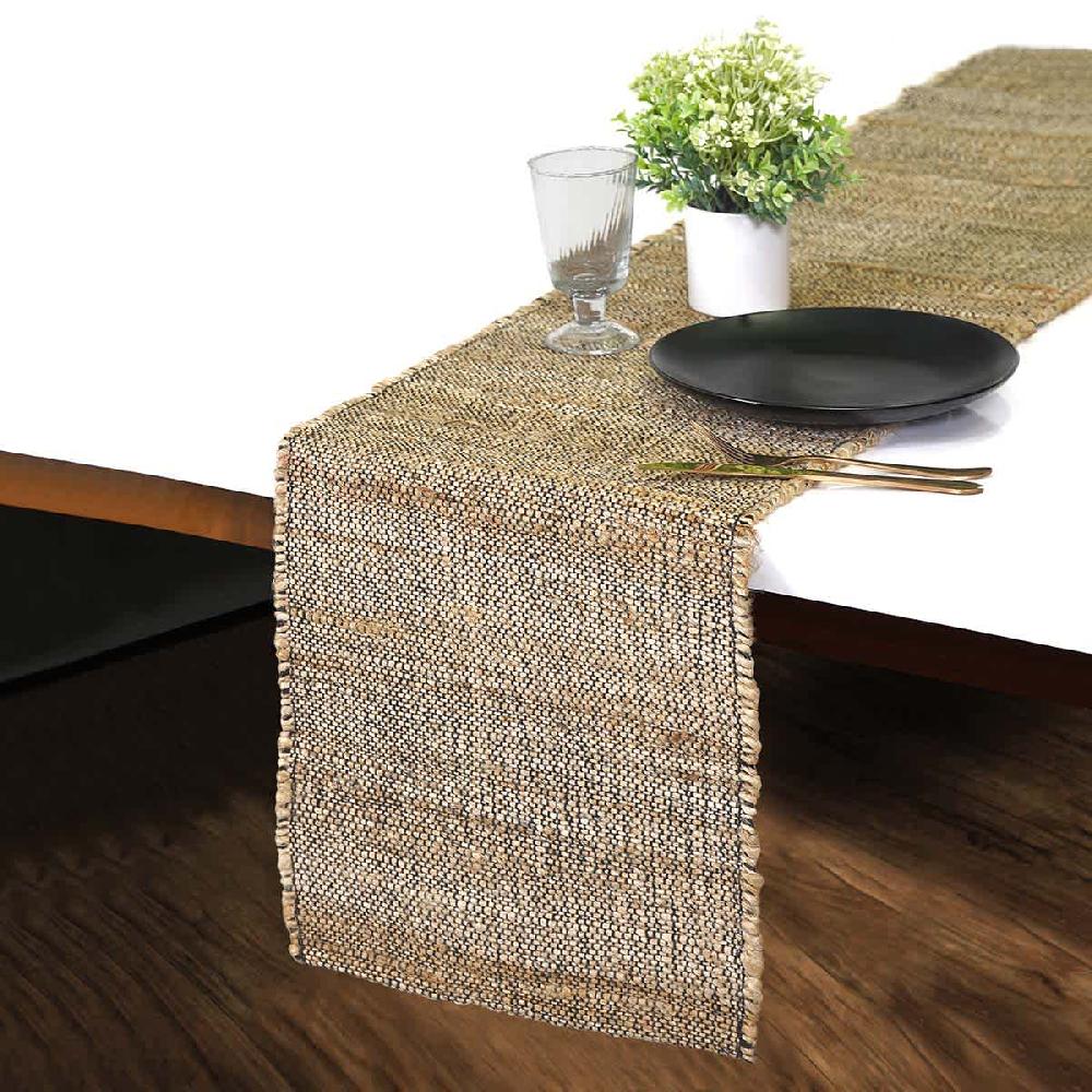 At Home Natural & Black Woven Jute Table Runner 14x72