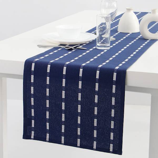 at home Navy Blue Dobby Table Runner with White Tick Stripes 14x72
