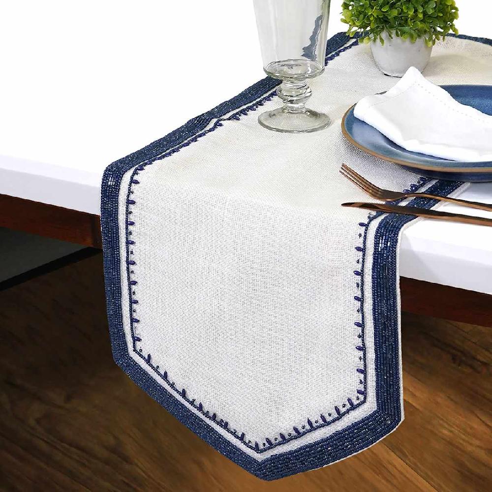 At Home Neutral Jute Table Runner With Navy Beaded Border 36x13