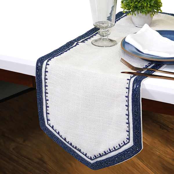 at home Neutral Jute Table Runner with Navy Beaded Border 36x13