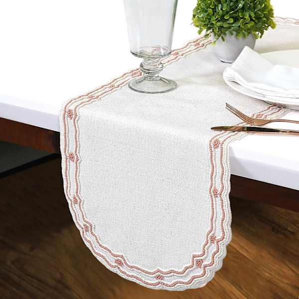 at home Neutral Table Runner with Pink Beading Design 36x13