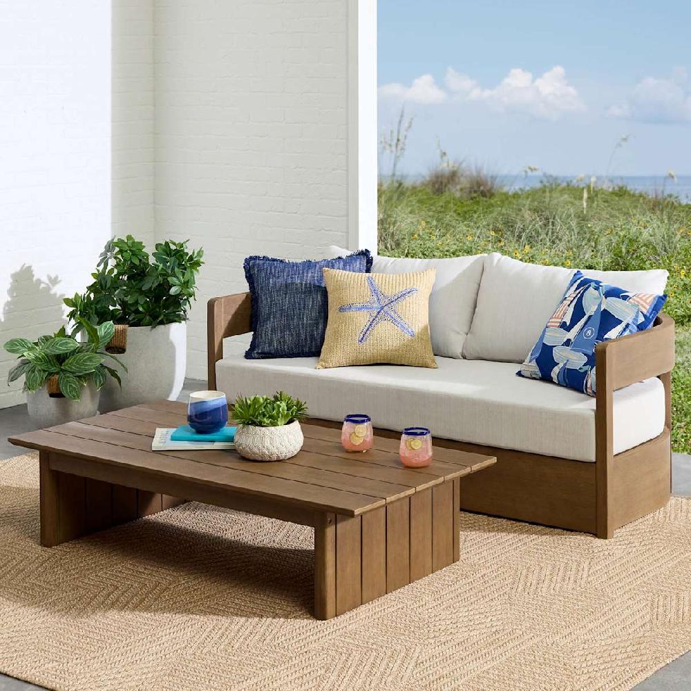 At Home Oakes Driftwood Finish Acacia Wood Patio Sofa With Ash Cushions