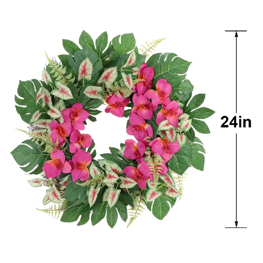 At Home Pink Orchid With Mixed Tropical Leaves Wreath 24"