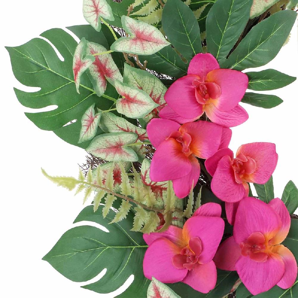 At Home Pink Orchid With Mixed Tropical Leaves Wreath 24"