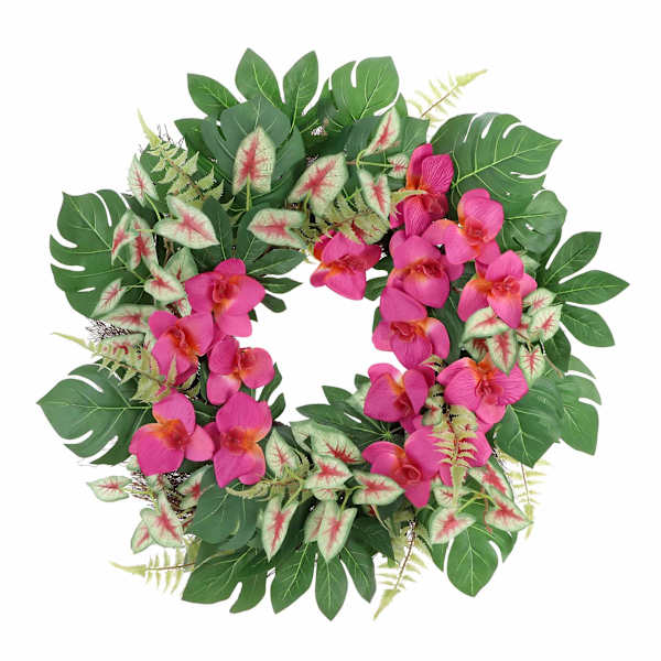 at home Pink Orchid with Mixed Tropical Leaves Wreath 24"