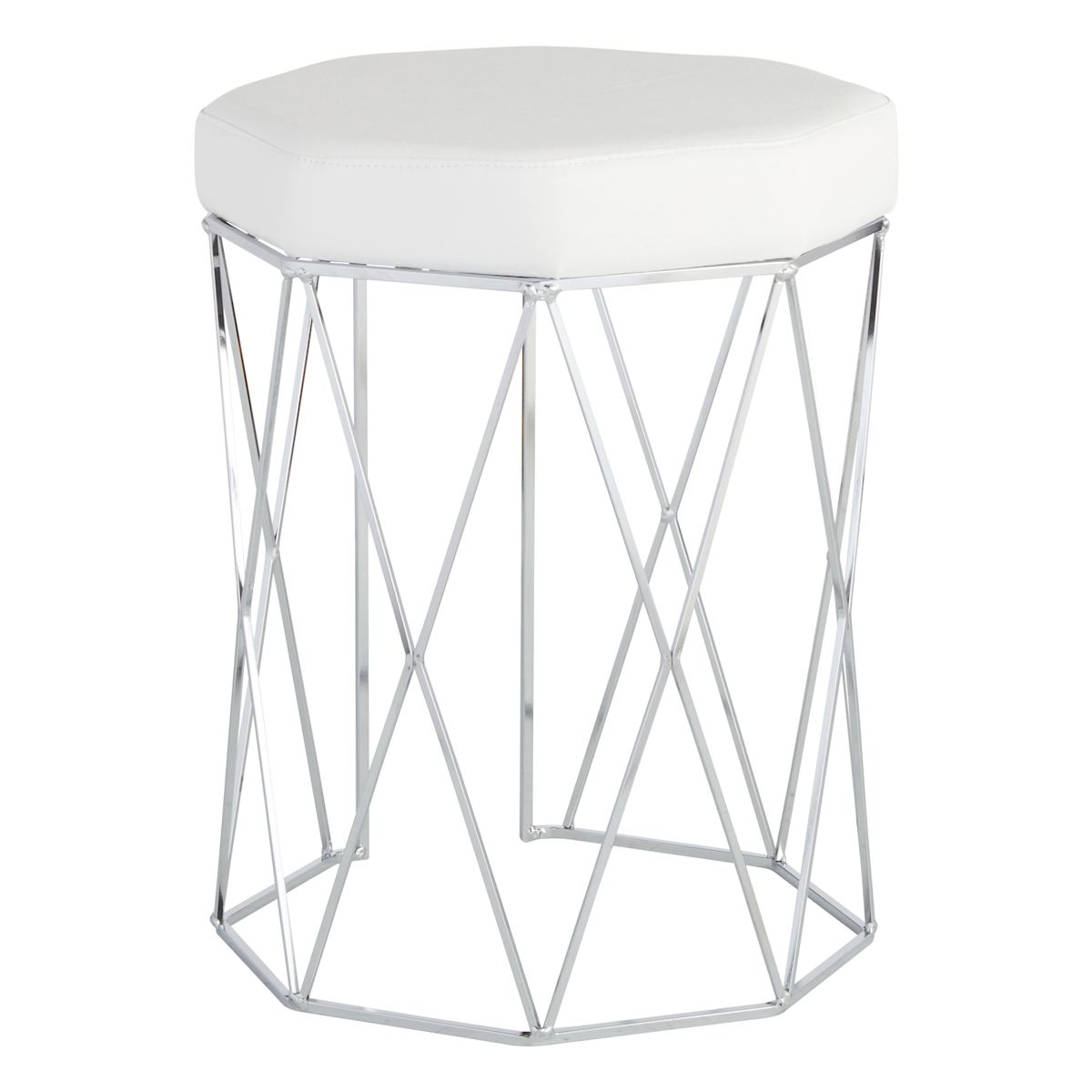 At Home Prisma Chrome Wire Vanity Stool & Padded White Faux Leather Seat