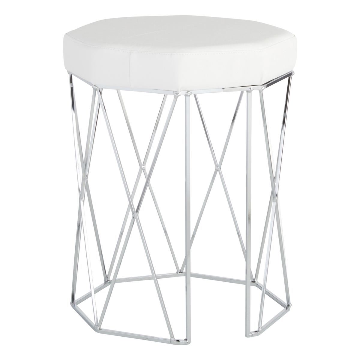 At Home Prisma Chrome Wire Vanity Stool & Padded White Faux Leather Seat