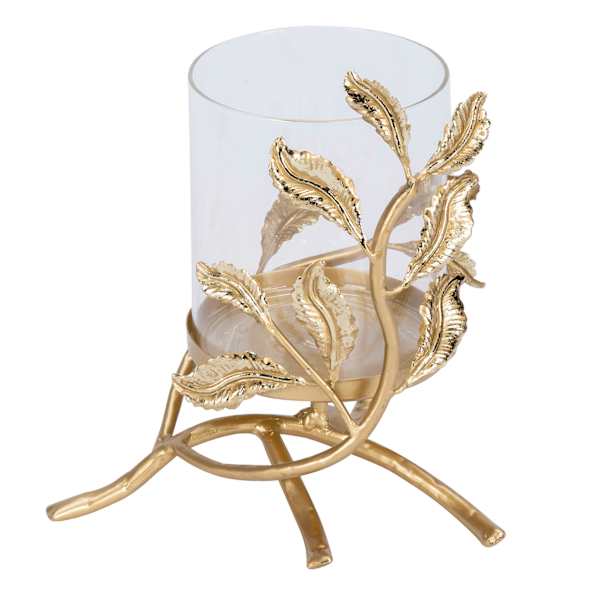 at home Providence Gold Metal Leaves & Glass Candle Holder 8"