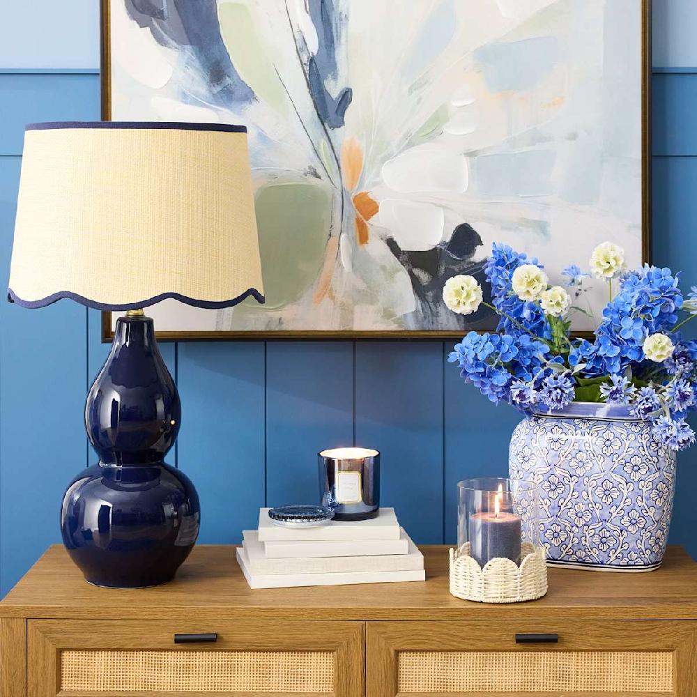 At Home Providence Navy Double Gourd Ceramic Small Lamp With Scallop Shade 17"