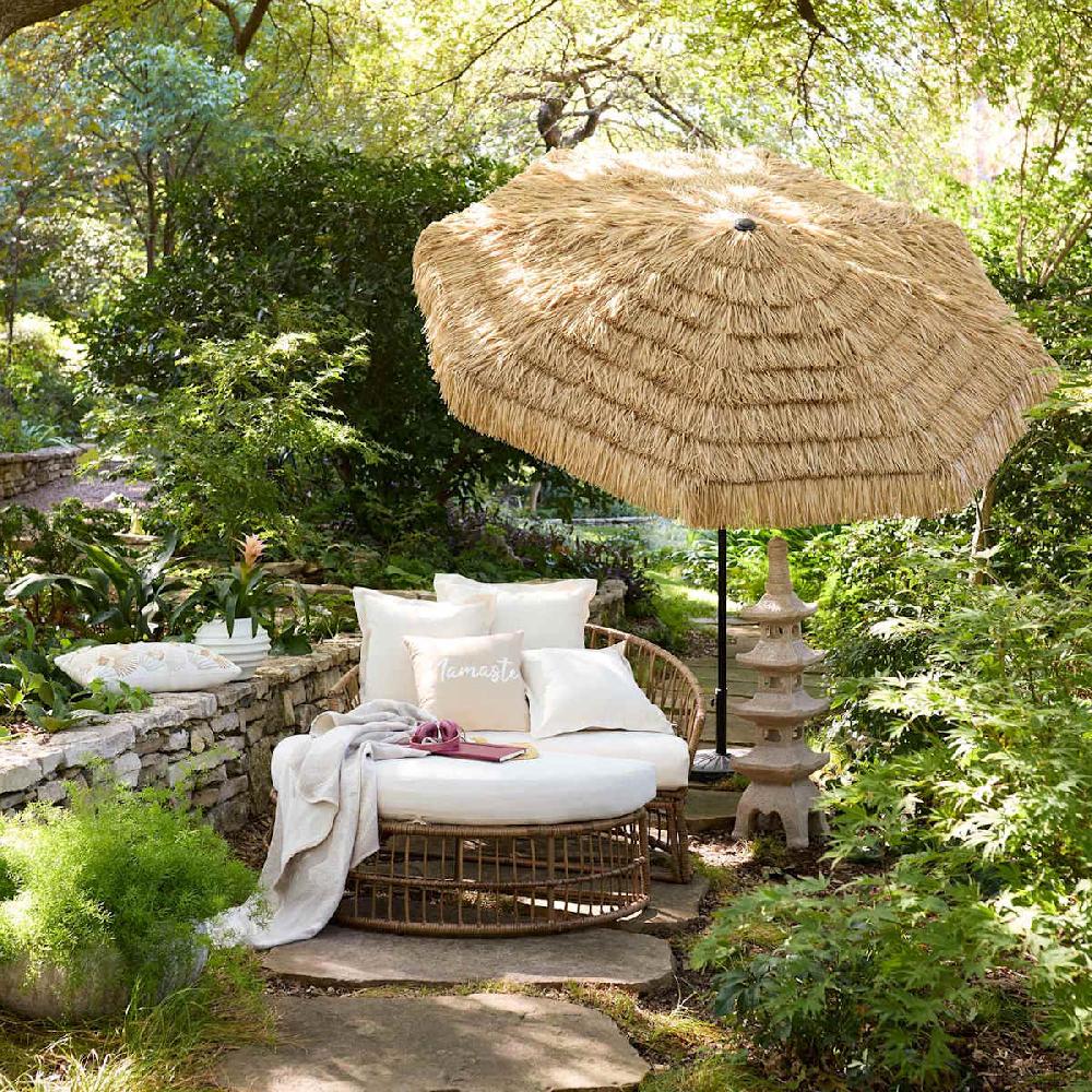 At Home Puebla Daybed Natural Wicker With Natural Canvas Cushions Pillows Umbrella And Base 3-Piece Set