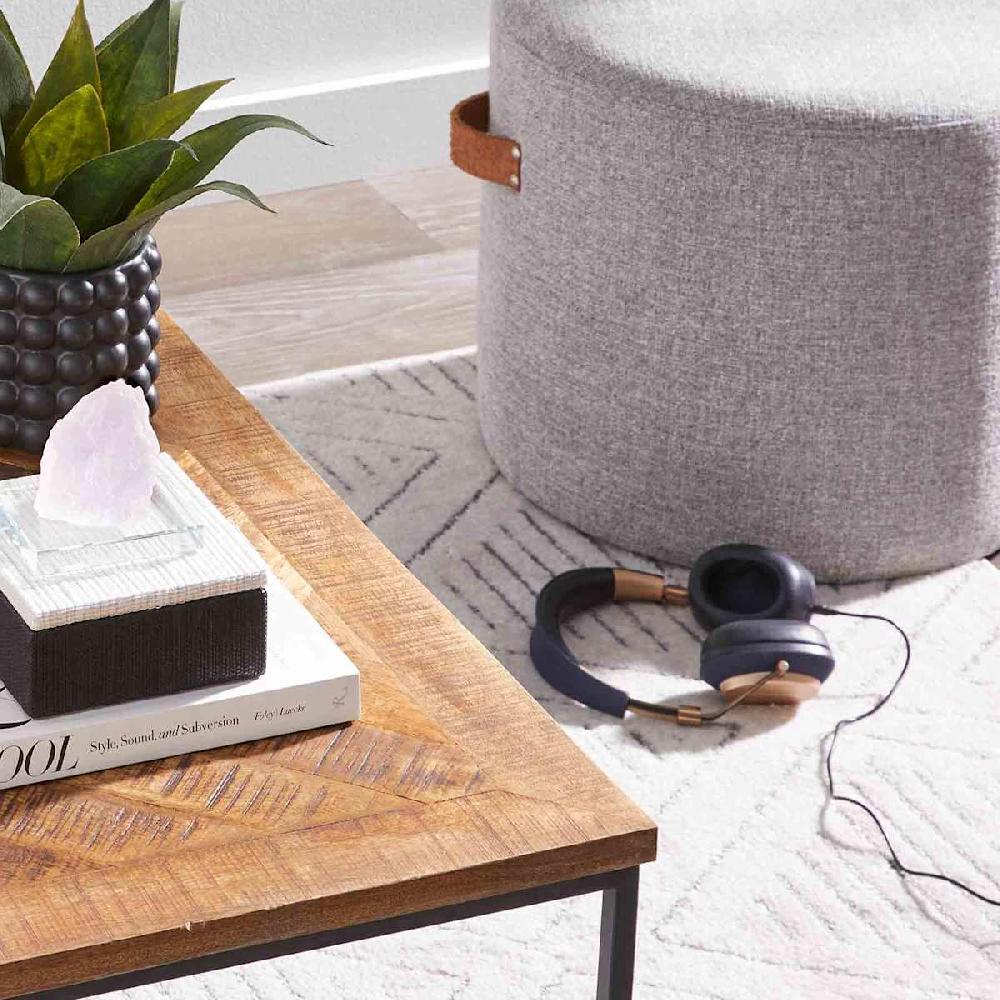 At Home Rica Textured Pouf With Faux Leather Handles Grey