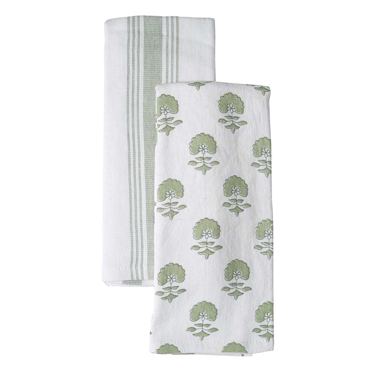 At Home Set Of 2 Green Floral Print Terry Cotton Kitchen Towels