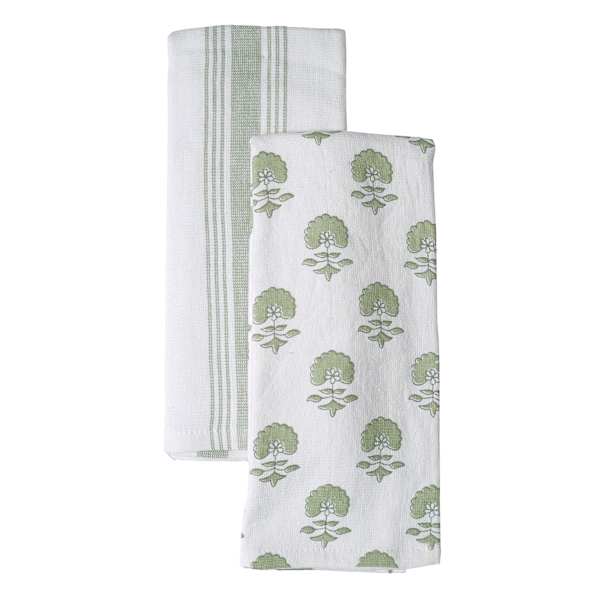 at home Set of 2 Green Floral Print Terry Cotton Kitchen Towels