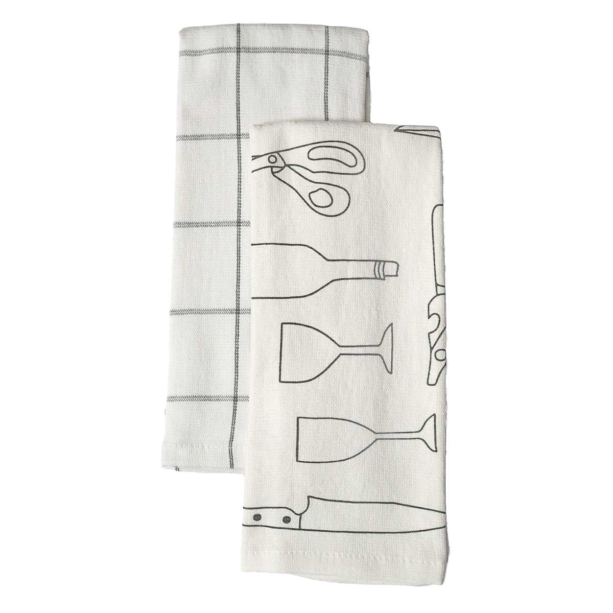 At Home Set Of 2 Grey Tools Print Terry Cotton Kitchen Towels
