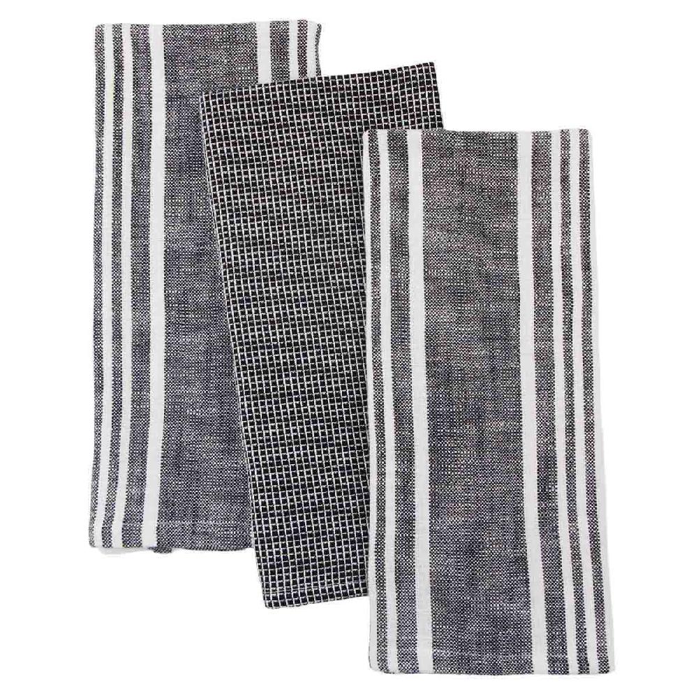 At Home Set Of 3 Black Porter Slub Waffle Cotton Kitchen Towels
