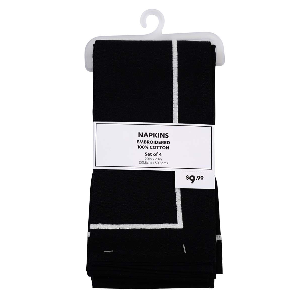 At Home Set Of 4 Black With White Embroidery Napkins 20"