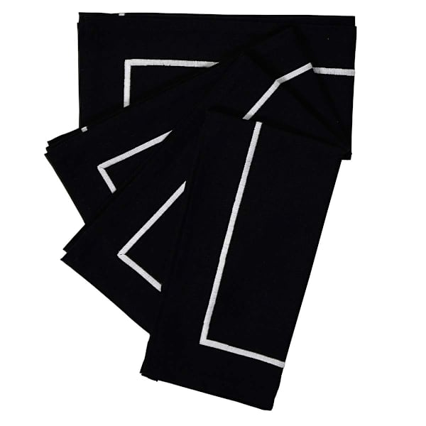 at home Set of 4 Black with White Embroidery Napkins 20"