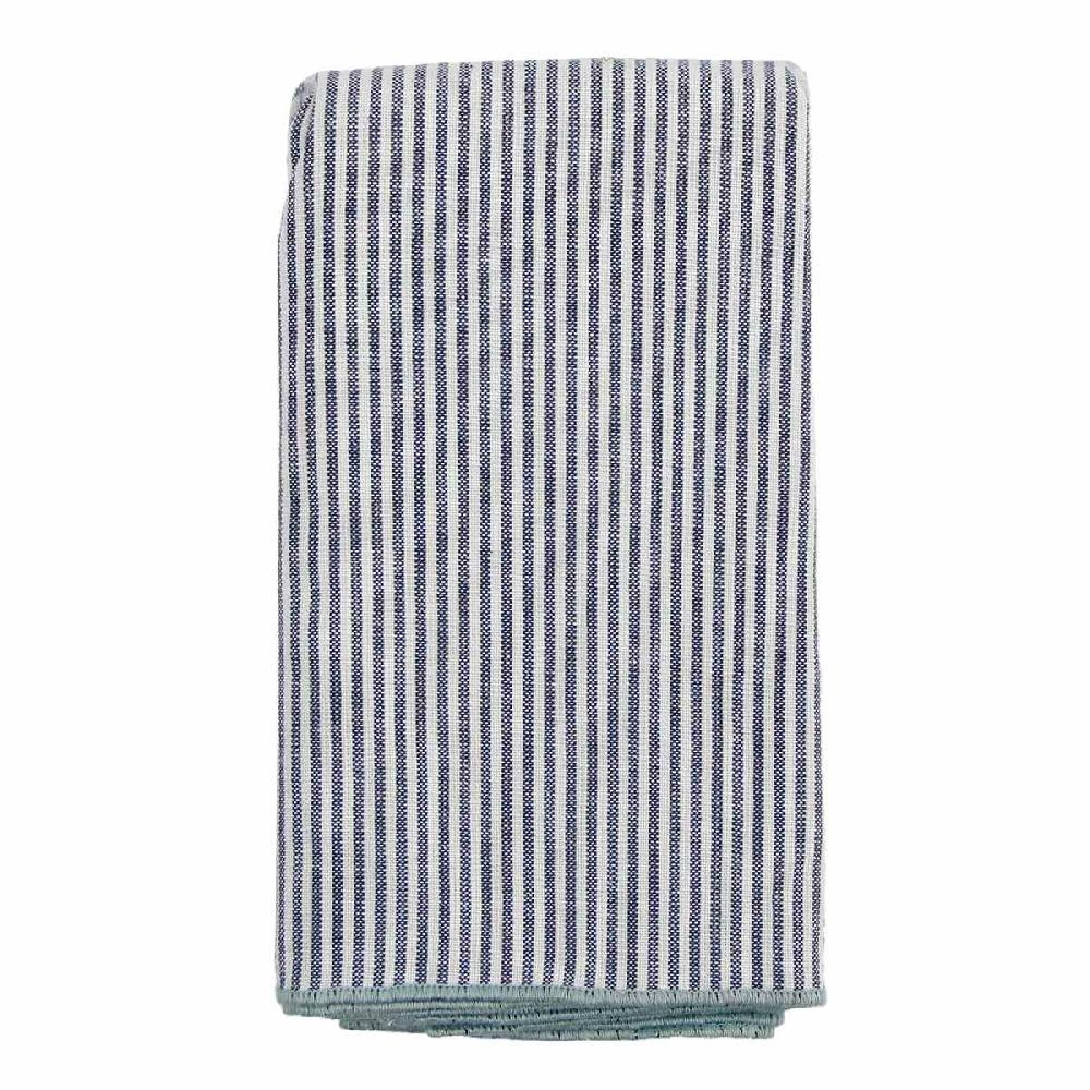 At Home Set Of 4 White & Navy Striped Napkins With Light Blue Overlock Edge 18"