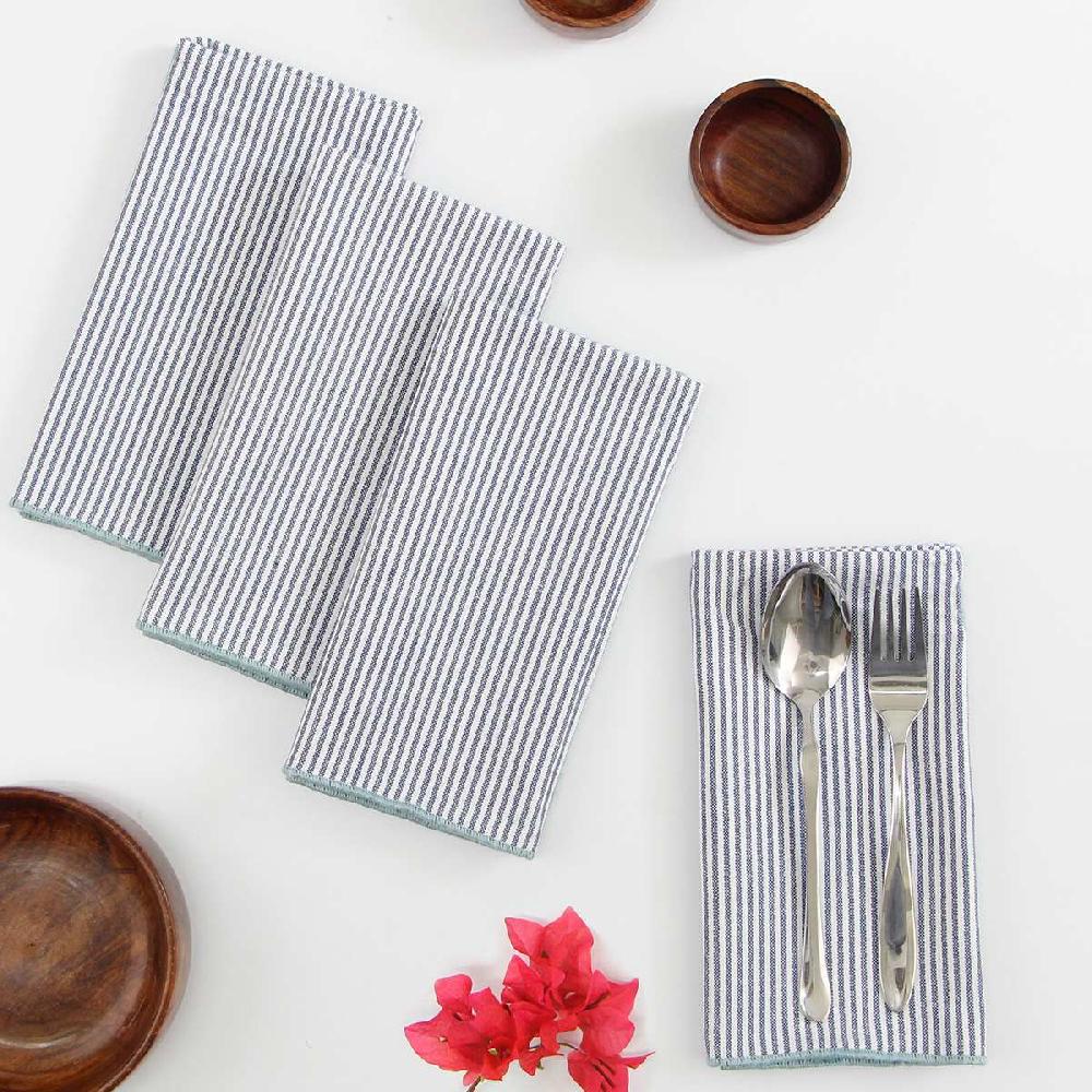 At Home Set Of 4 White & Navy Striped Napkins With Light Blue Overlock Edge 18"