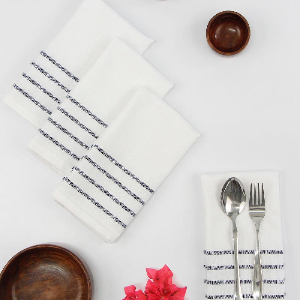 At Home Set Of 4 White Ribbed Napkins With Blue Insert Stripes 18"