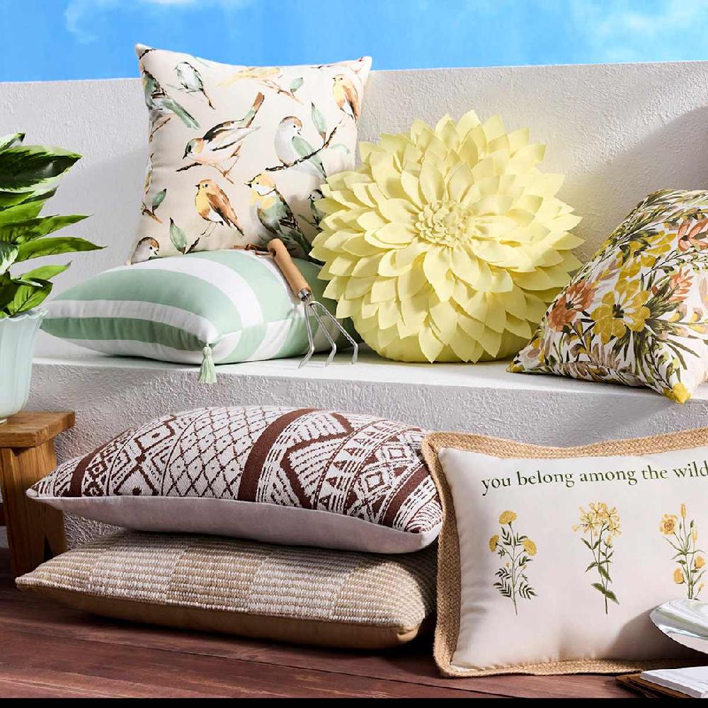 At Home Tan Checkered Lumbar Outdoor Throw Pillow 14x24