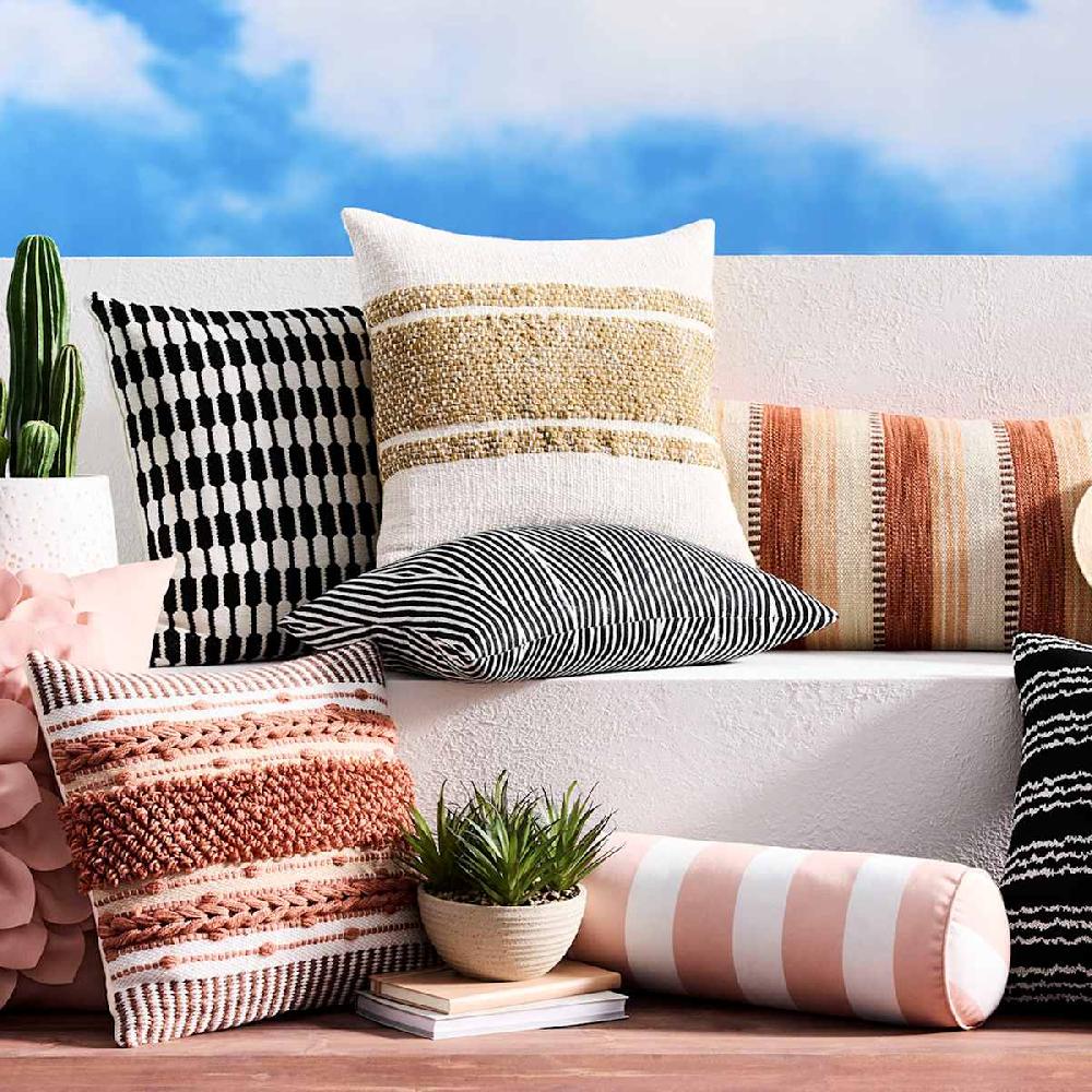At Home Tan & White Block Stripe Square Outdoor Throw Pillow 18"