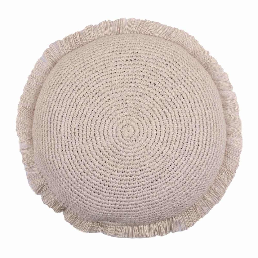 At Home Taupe Knitted Round Throw Pillow With Fringe 16"