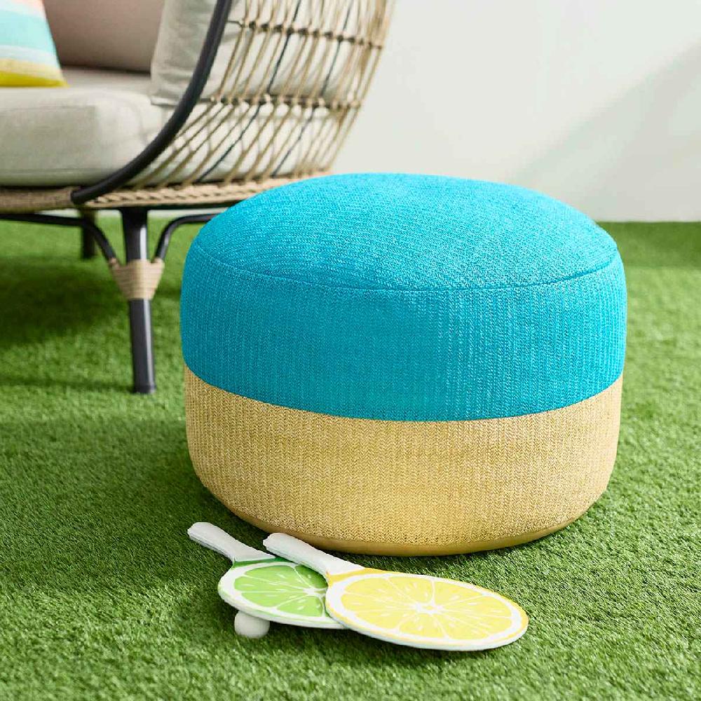 At Home Turquoise & Tan Color Block Hermosa Outdoor Pouf 23"