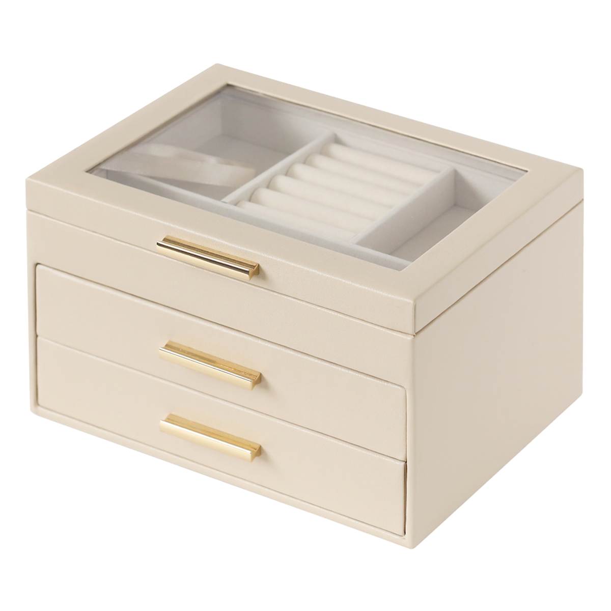 At Home Vinyl Jewelry Organizer With Gold Handle Drawers Beige