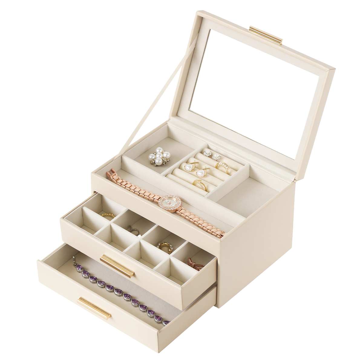 At Home Vinyl Jewelry Organizer With Gold Handle Drawers Beige