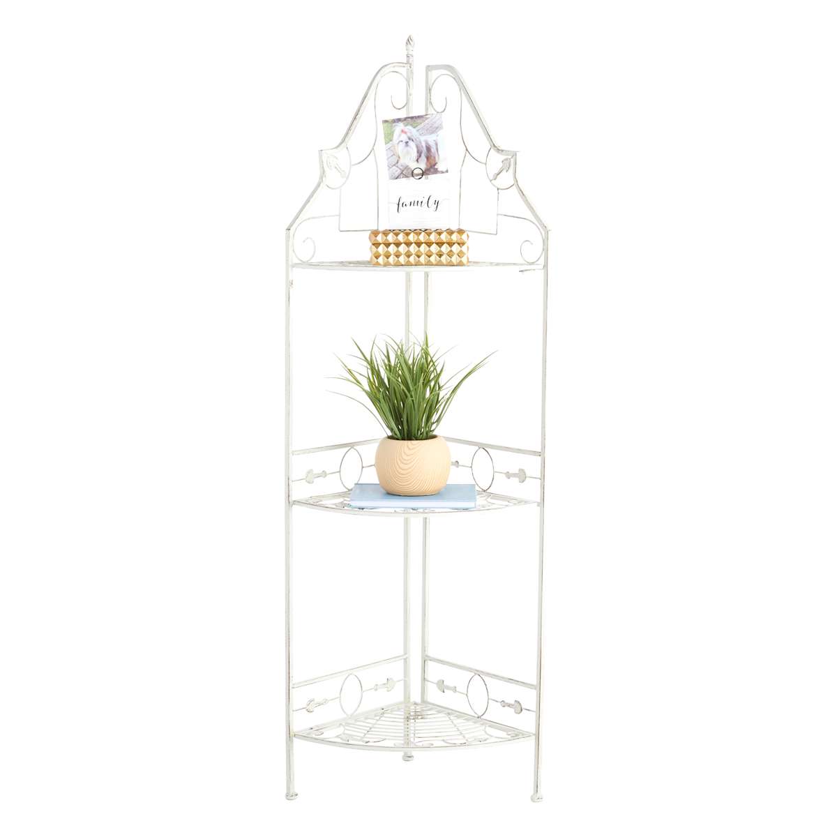 At Home White Scrolled Metal Folding Corner Shelf Rack 51.5"