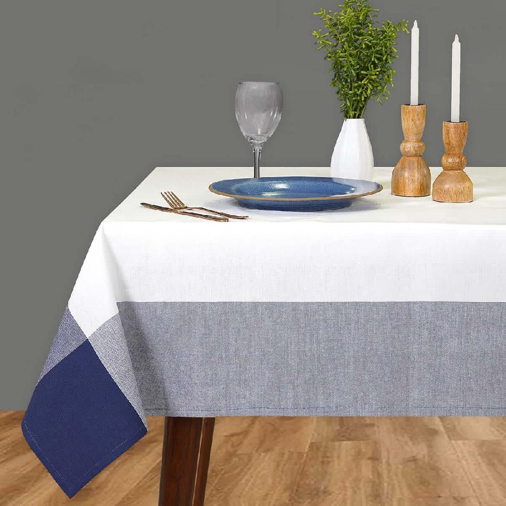 At Home White With Navy Blue Border Tablecloth 60x104