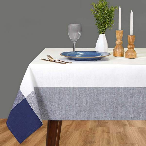 at home White with Navy Blue Border Tablecloth 60x104