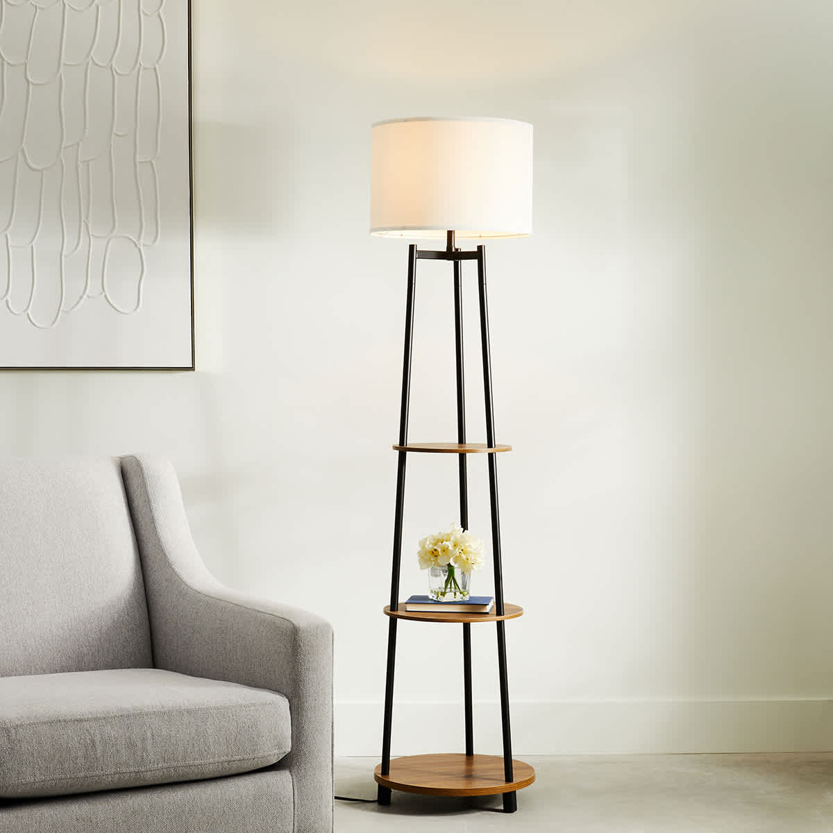 At Home Wood & Metal Finish Shelf Floor Lamp With White Fabric Drum Shade 64"