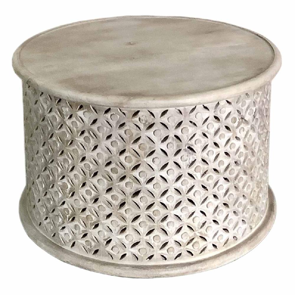 At Home Wooden Cutout Drum Coffee Table White Washed Finish