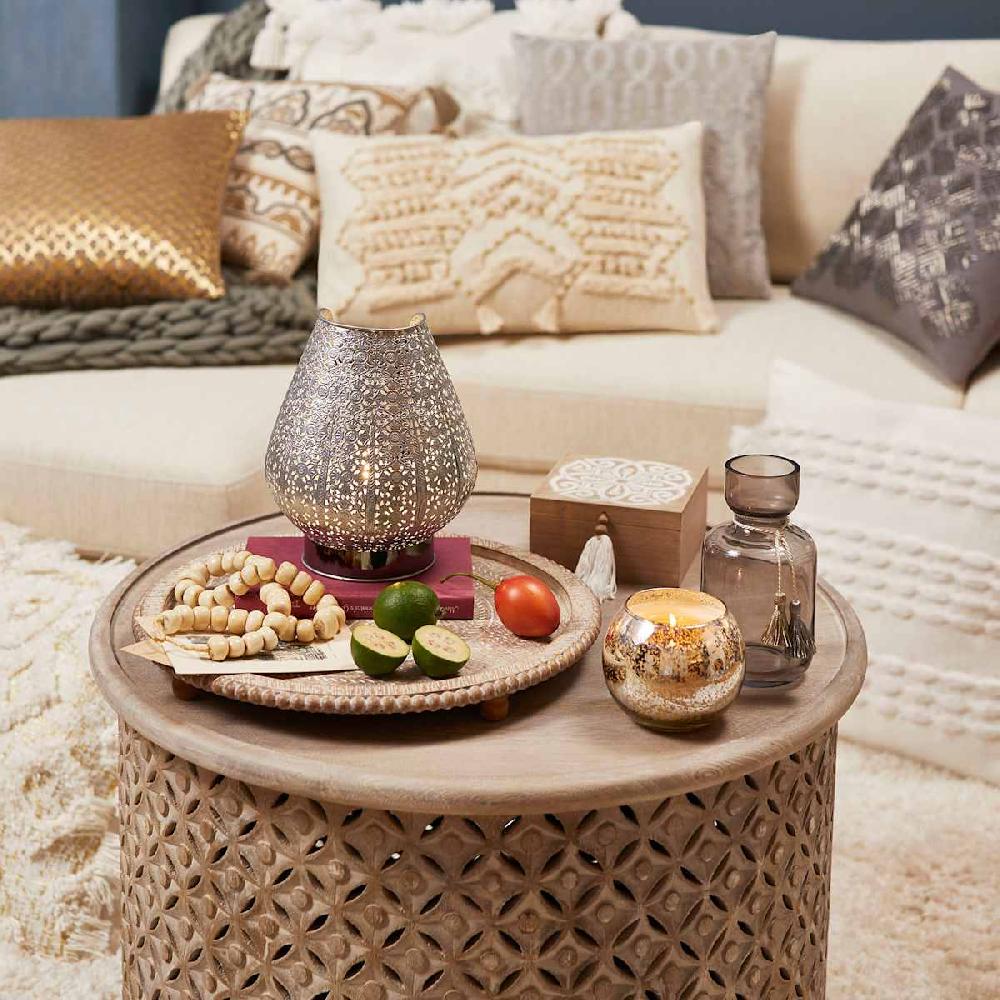 At Home Wooden Cutout Drum Coffee Table White Washed Finish