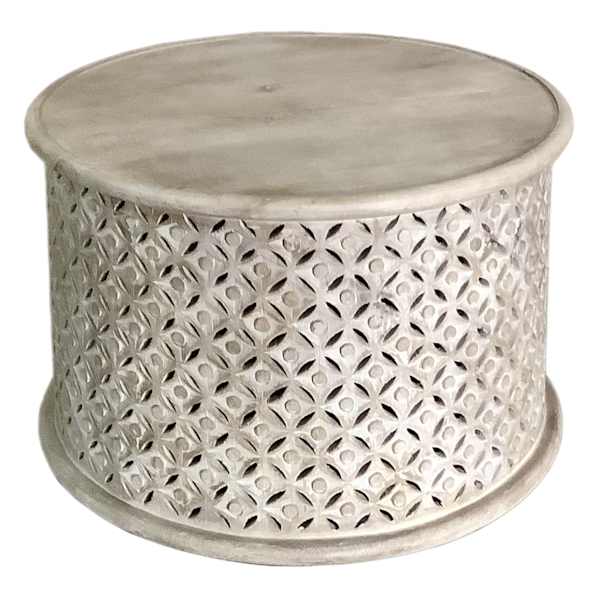 at home Wooden Cutout Drum Coffee Table White Washed Finish