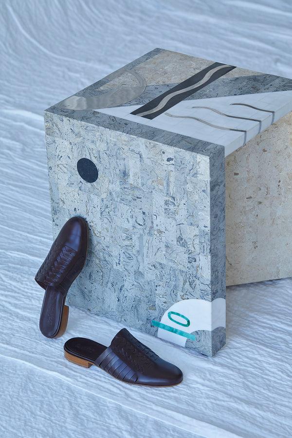 atelier delphine Leather Woven Slides in Brown