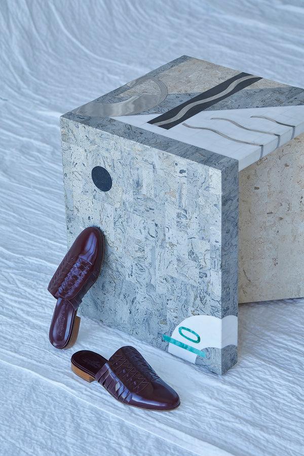 atelier delphine Leather Woven Slides in Mulberry