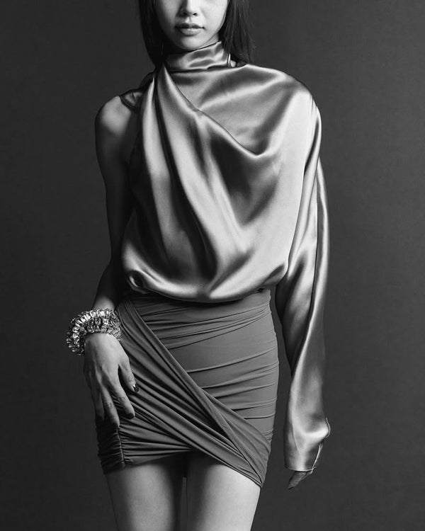 Atlein One Sleeve Draped Silk Top